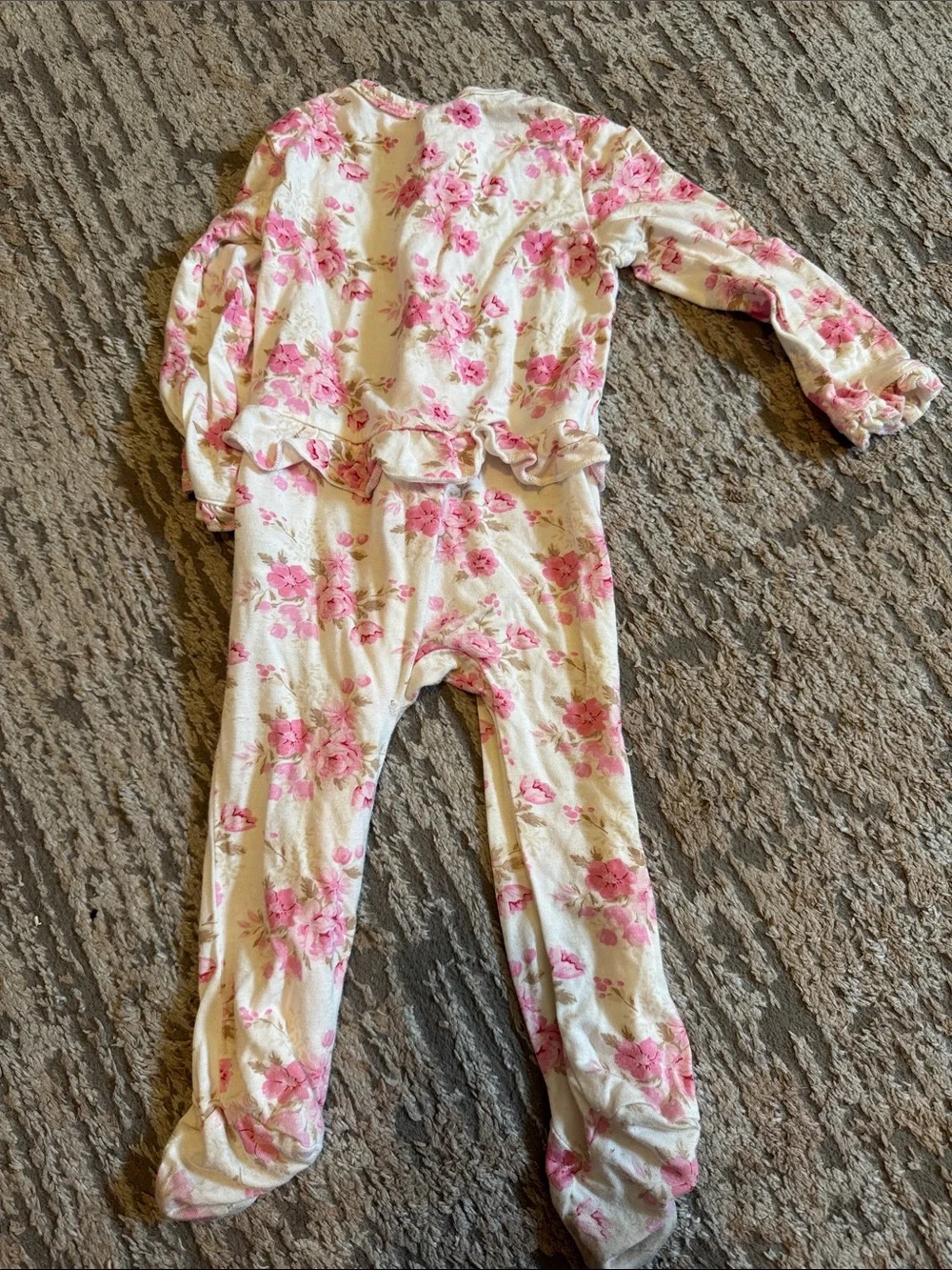 Little Me Cream One-Piece Footed Pajamas with Pink Floral Print 6-9 month